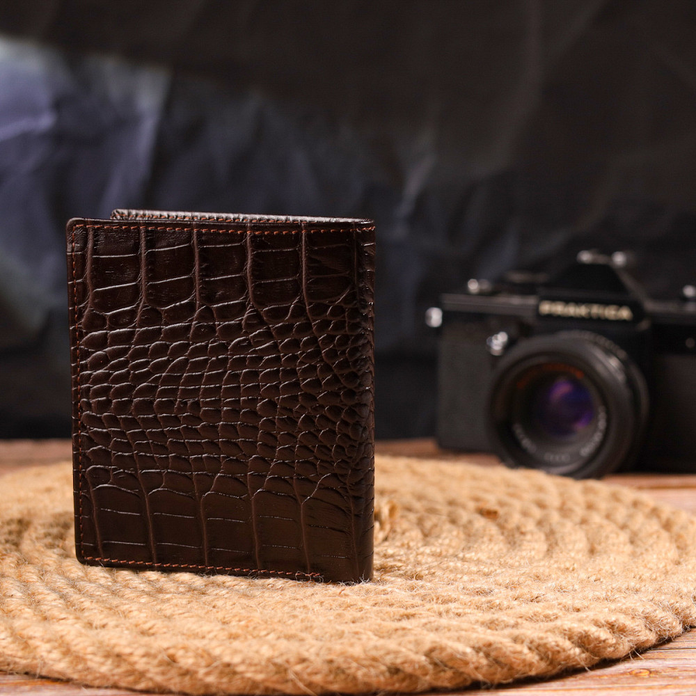 Компактное мужское портмоне из натуральной фактурной кожи Коричневое (CANPELLINI) Киев - изображение 3