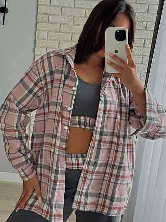 Женский прогулочный костюм тройка: рубашка в клетку топ и штаны фланель + двунитка Розовый, 46/48 Одесса