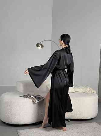 Женский домашний халат макси на запах из шелка армани Черный, Oversize 42/46 Одесса