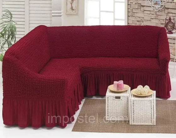 Бордовый Турецкая накидка на угловой диван с оборкой, натяжной чехол на диван Коломыя