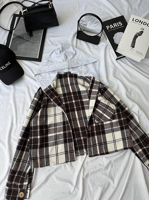 Женская оверсайз рубашка в клетку с капюшоном турецкий кашемир Шоколад, 48/50 Одесса - изображение 2