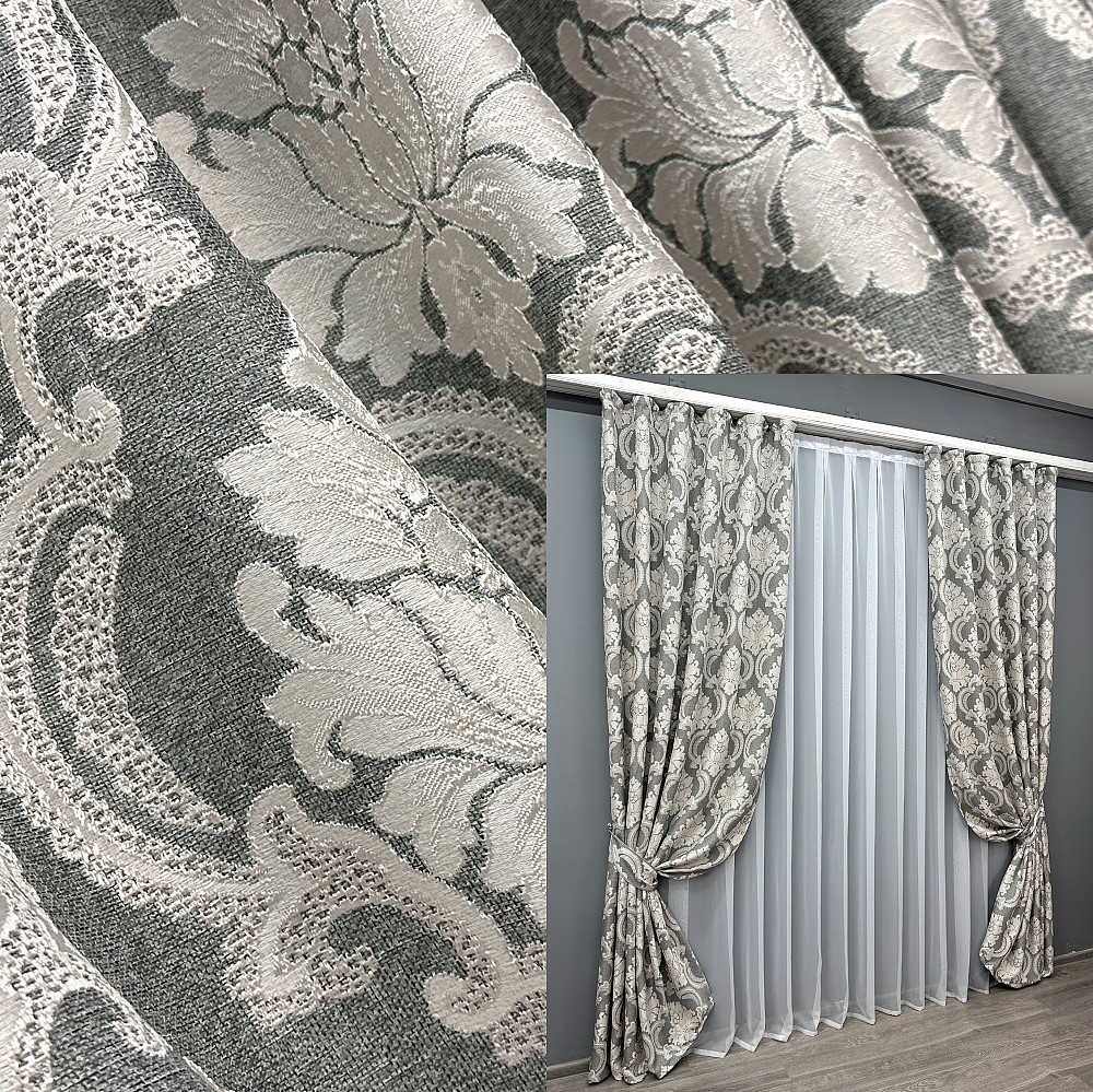 Комплект готовых штор VR-Textil Лен Корона Мария № 1266ш Графитовый с светло-бежевым 150х270 см 2 шт (33-0097) Киев - изображение 1