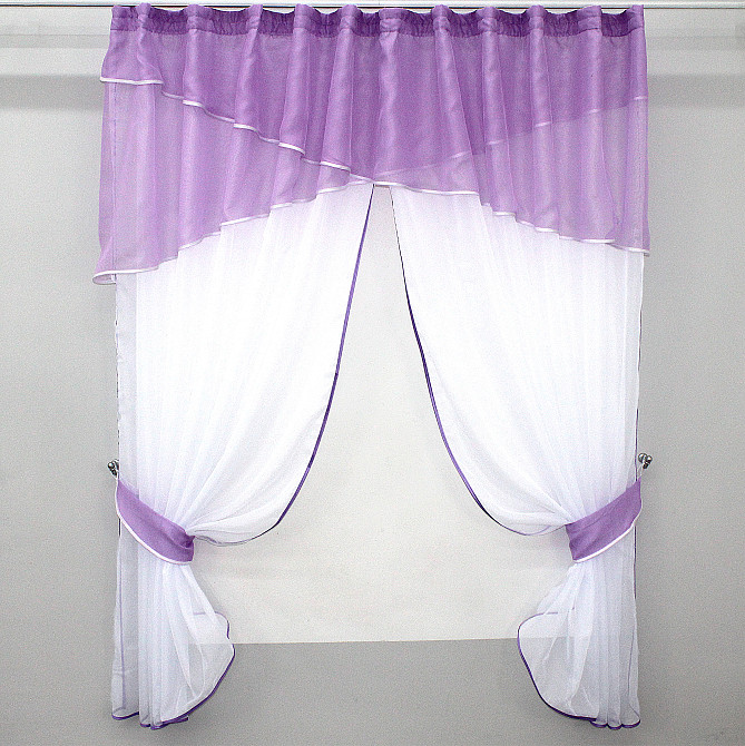 Кухонные шторы VR-Textil № 091к с ламбрекеном и подвязками сиреневый с белым 270х170 см (50-855) Киев - изображение 1