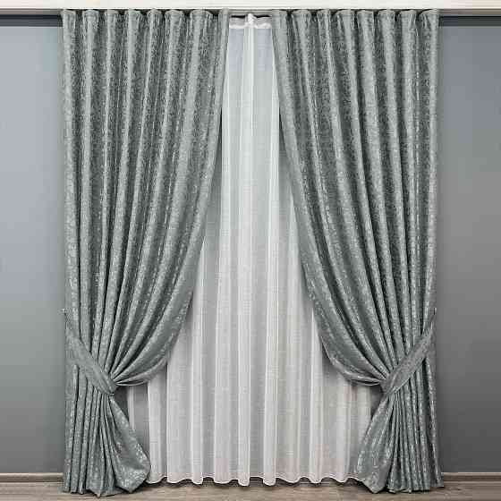Комплект штор VR-Textil Льон Мармур 150х270 2шт і Тюль 400х270 1264ш-115т Сірий з білим 71-126/3 Київ