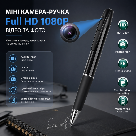 Мини-камера ручка Full HD 1080P со звуком: мини видеокамера для записи встреч, металлический корпус, 3 ч работы Киев