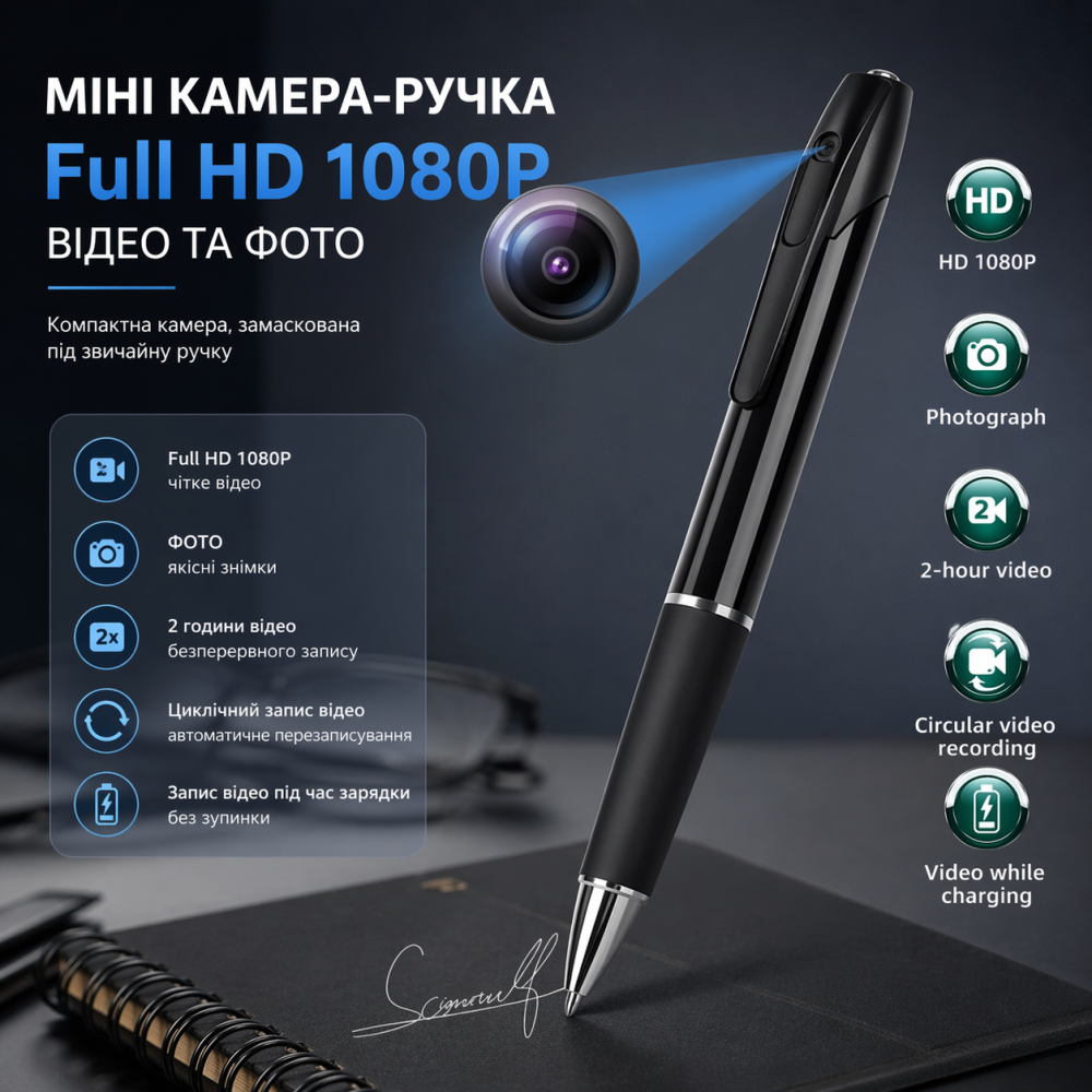 Мини-камера ручка Full HD 1080P со звуком: мини видеокамера для записи встреч, металлический корпус, 3 ч работы Киев - изображение 1
