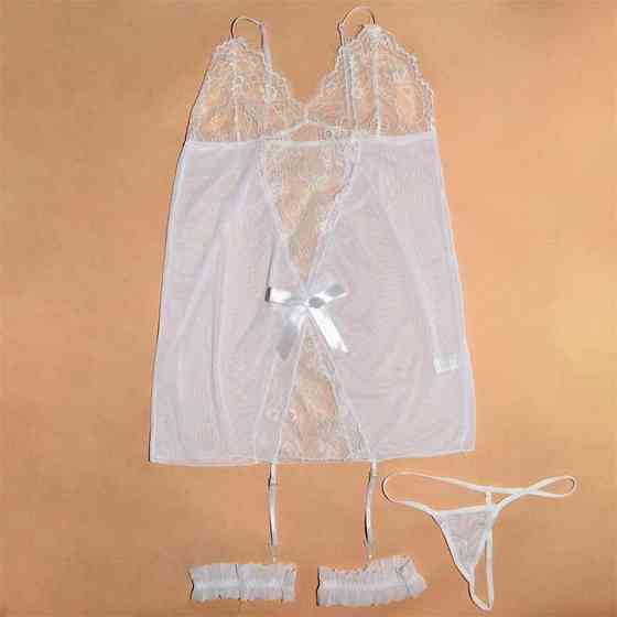 Коротенький пеньюар із підв'язками для панчіх білий XS-S — Еротична білизна Вінниця