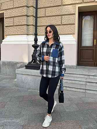 Женская стильная рубашка в клетку с джинсовыми вставками турецкая байка Черный, 50/52 Одесса