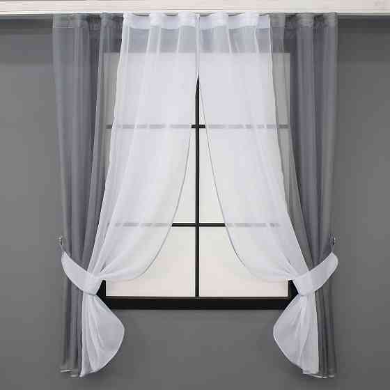 Кухонні штори VR-Textil № 017к комбіновані з підв'язками графітовий з білим 265х170 см (50-024) Київ