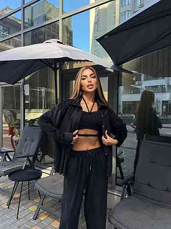 Женский прогулочный костюм двойка: рубашка + штаны палаццо турецкий велюр спорт Черный, 42/44 Одесса