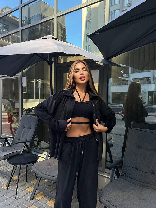 Женский прогулочный костюм двойка: рубашка + штаны палаццо турецкий велюр спорт Черный, 42/44 Одесса - изображение 3