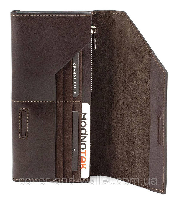 Женский длинный кошелёк из глянцевой кожи цвет шоколад Grande Pelle Festa 513620 Киев - изображение 9