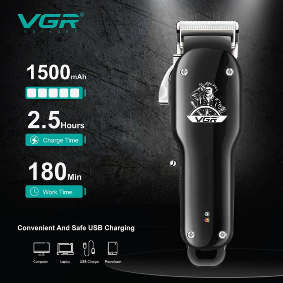 Машинка для стрижки VGR V-679: 5 Вт, 1500 мА·год, 180 хв, ножі 0.8–2 мм, 4 насадки до 13 мм, LED, USB, АКБ/Мережа Одеса