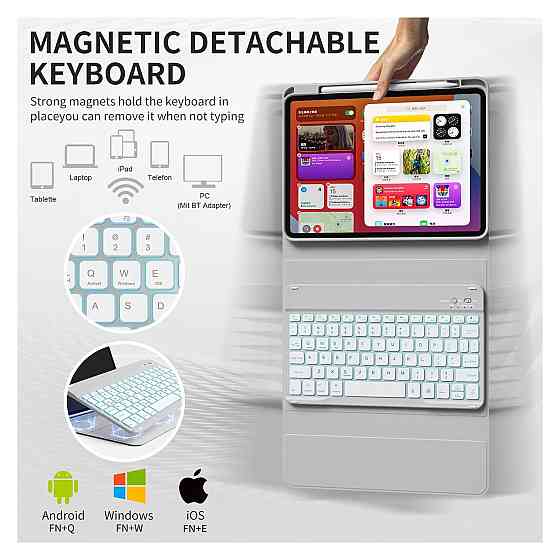 Клавіатурний чохол для iPad 11/10.9 (A16/A14) Сірий QWERTY знімна Bluetooth клавіатура підсвітка 7 кольорів під Pencil Київ