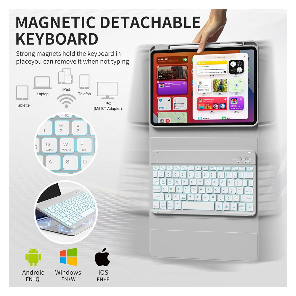 Чехол-клавиатура для iPad 11/10.9 (A16/A14) Серый QWERTY съёмная Bluetooth клавиатура подсветка 7 цветов для Киев - изображение 5