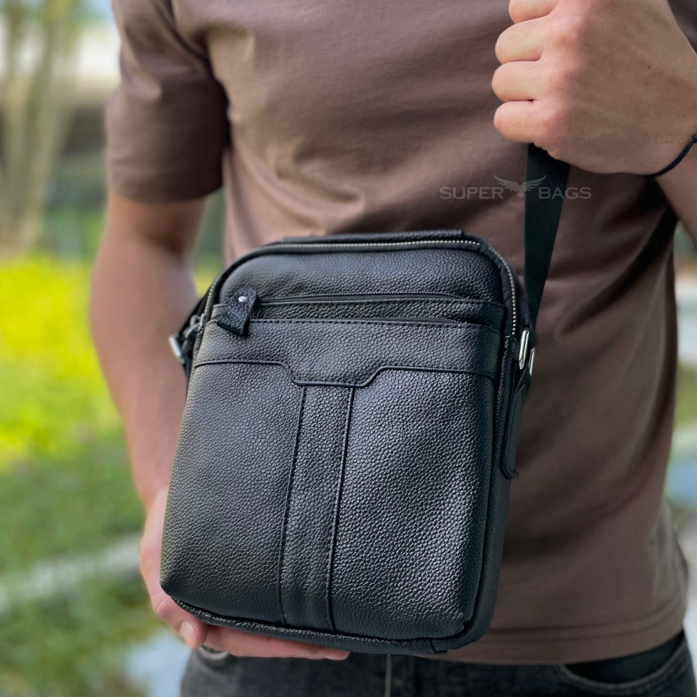 Шкіряна чоловіча сумка-барсетка 21х25х6, месенджер з ручкою Tiding Bag 73957 чорна Київ - фото 2