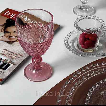 Набір 6 шт. келихів «Рожеве Серце» 300 мл орнамент у вигляді серця рожеві скло Київ