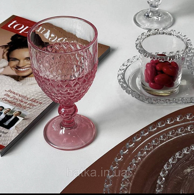 Набір 6 шт. келихів «Рожеве Серце» 300 мл орнамент у вигляді серця рожеві скло Київ - фото 1