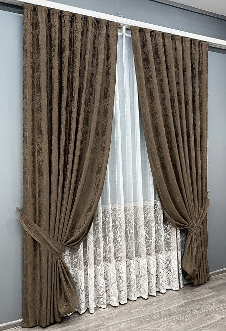 Комплект штор VR-Textil Жаккард Мрамор 100х270 2шт и Тюль 300х270 1203ш-1668т Коричневый с белым 71-119/1 Киев - изображение 2