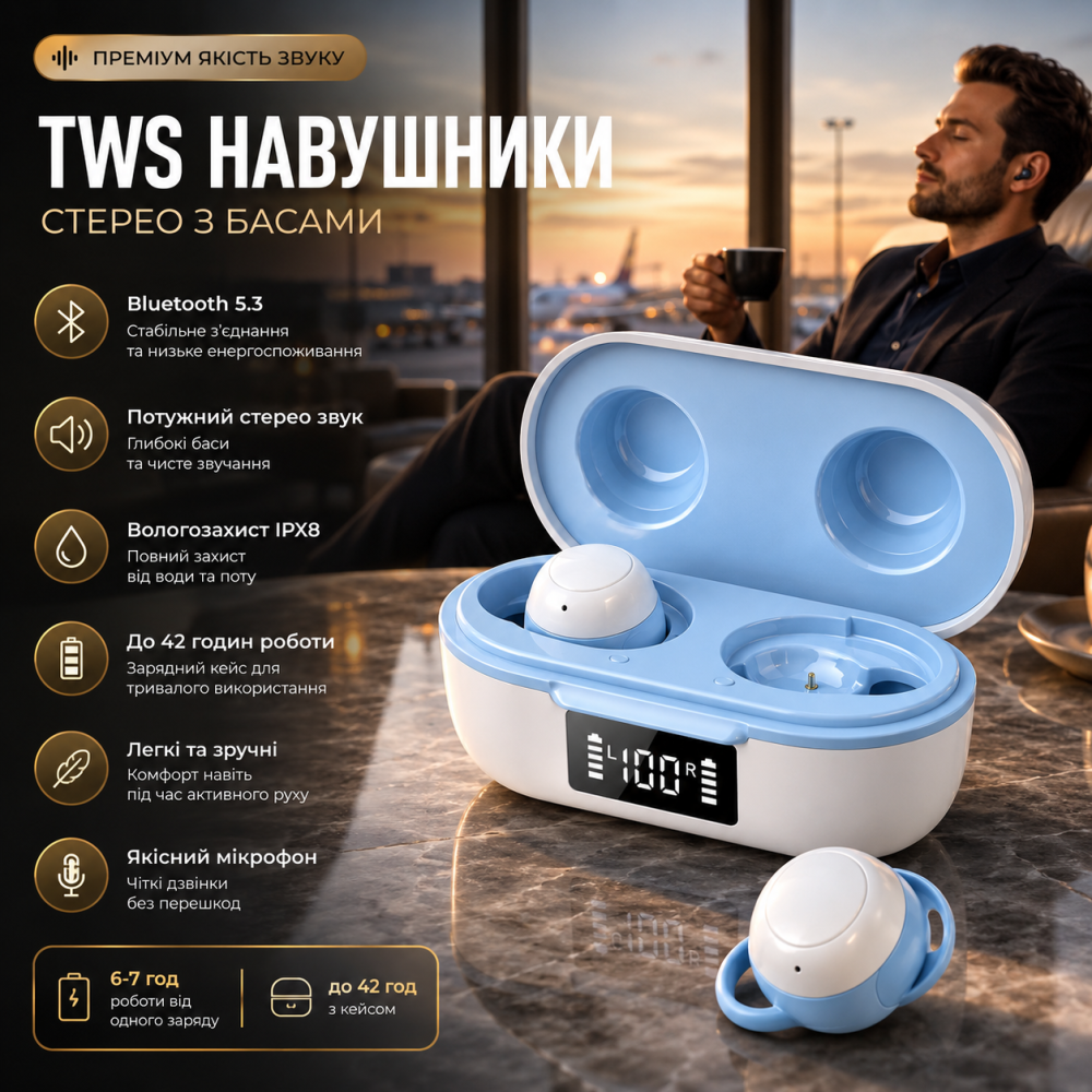 Беспроводные TWS наушники FAMOO U-Air Bluetooth 5.3, стерео с басами, влагозащита IPX8, автономность 42 ч, Уценка Киев - изображение 11