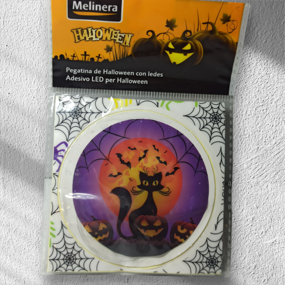 Наліпка на Хелловін 8 см зі світлодіодами Кіт з гарбузами фіолетовий Київ