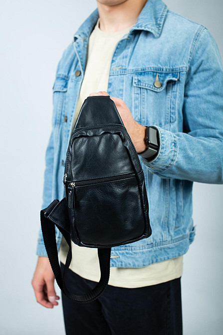 Сумка через плече шкіряна, сумка-слинг чоловіча SL014 (Чорна) Суми - фото 7