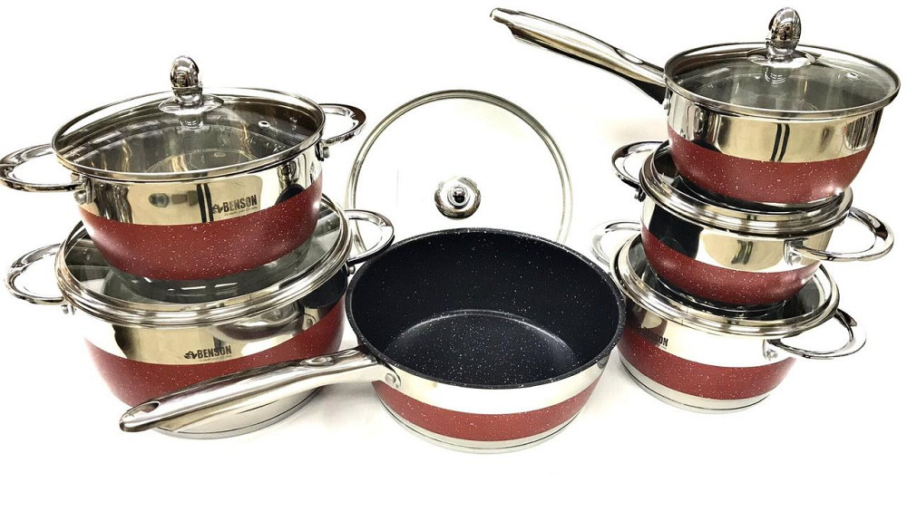 BN-294 (2)-Набор кастрюль 12 пр Нерж 2,1л; 2,1л; 2,9л; 3,9л; 6,5л + сковорода; черный Одесса - изображение 1