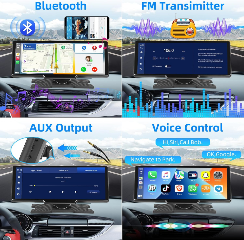 Уцінка Портативна мультимедійна система Podofo 10.26" IPS — Бездротовий Apple CarPlay та Android Auto, Bluetooth, FM, AUX, 7-32V Київ - фото 4