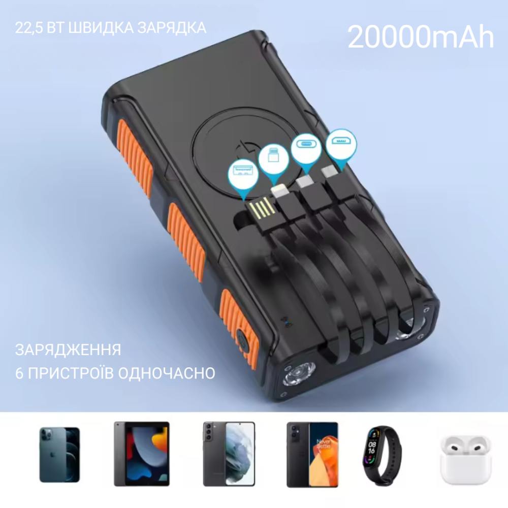 Портативний зовнішній акумулятор, павербанк на сонячній батареї з бездротовою зарядкою 20000мАч Orange Кам'янець-Подільський - фото 2