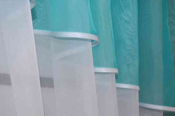 Кухонные шторы VR-Textil № 091к с ламбрекеном и подвязками лазурный с белым 280х170 см (50-374) Киев