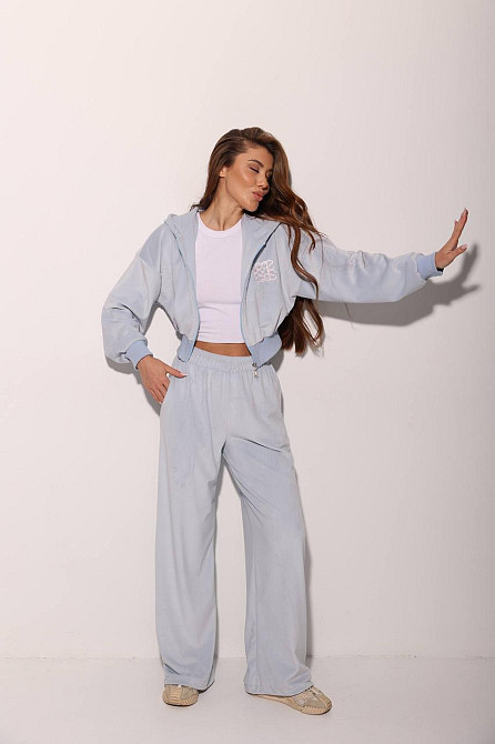 Женский прогулочный костюм двойка: кофта на молнии и брюки велюр Голубой, 48/52 Одесса - изображение 4