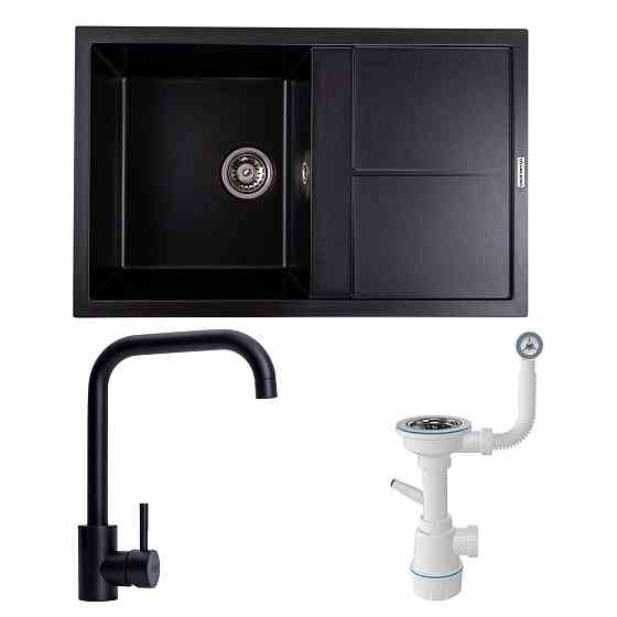 VALESO Мийка гранітна 7950 SELENA (чорна) + сифон 1041 + змішувач BG77 (чорний) Київ