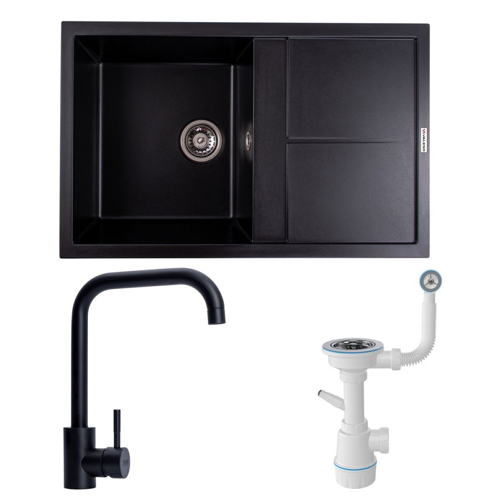 VALESO Мийка гранітна 7950 SELENA (чорна) + сифон 1041 + змішувач BG77 (чорний) Київ - фото 1