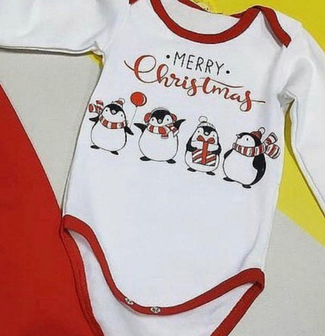 Боді та штани з шапочкою Merry Christmas з пінгвінами 9міс 12 міс  74см 80см Червоний/Білий Київ - фото 2