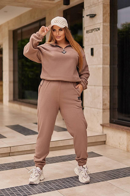 Жіночий теплий прогулянковий костюм-двійка: кофта та штани фліс двосторонній Капучино, 54/56 Одеса - фото 1
