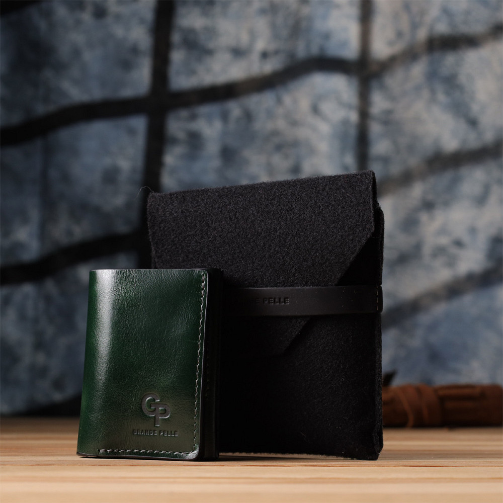 Відмінний гаманець у три складання з натуральної гладкої шкіри Зелений (GRANDE PELLE) Київ - фото 4