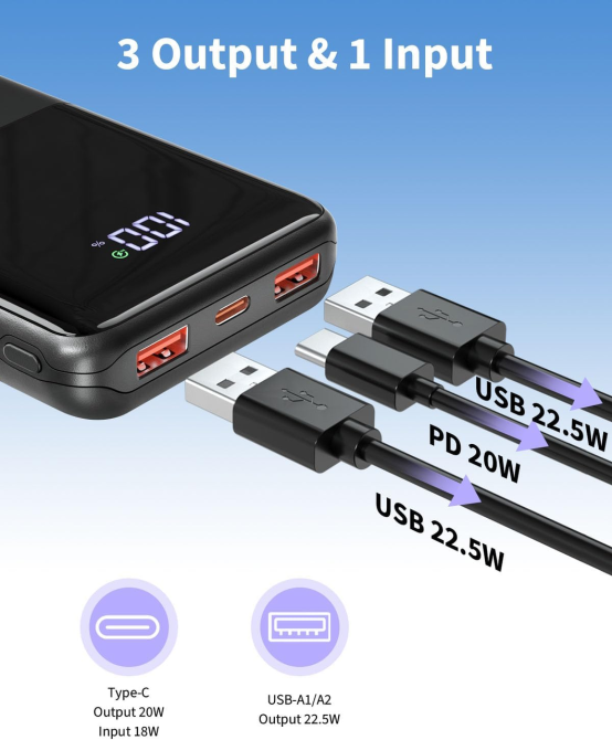Power Bank 20000 мАч 22,5 Вт, быстрая зарядка PD 20 Вт, QC 4.0, USB-A + Type-C, 3 порта, LCD-дисплей Киев - изображение 4