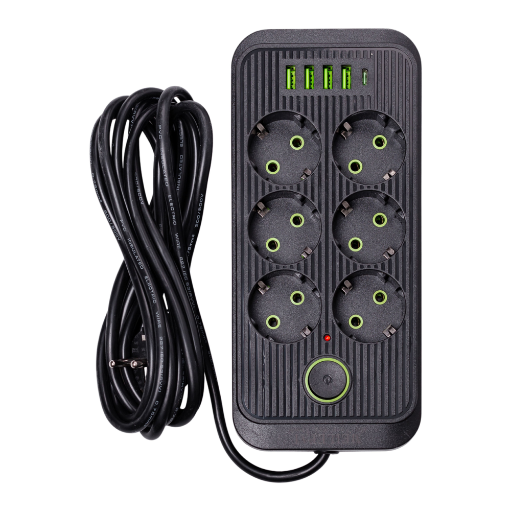 Сетевой фильтр 3 м удлинитель F06U на 6 розеток 4 USB 1 Type-C и кнопкой отключения Черный HP-5-24 Киев - изображение 1