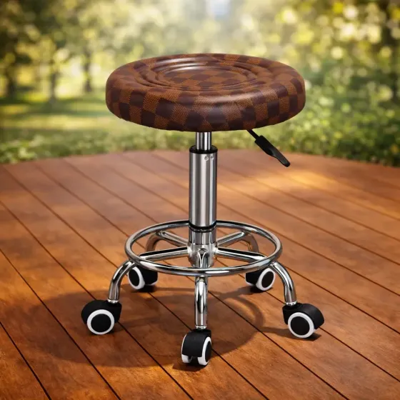 Стул косметологический без спинки на колесах с подставкой для ног, регулировка высоты Шахматка коричневая Киев