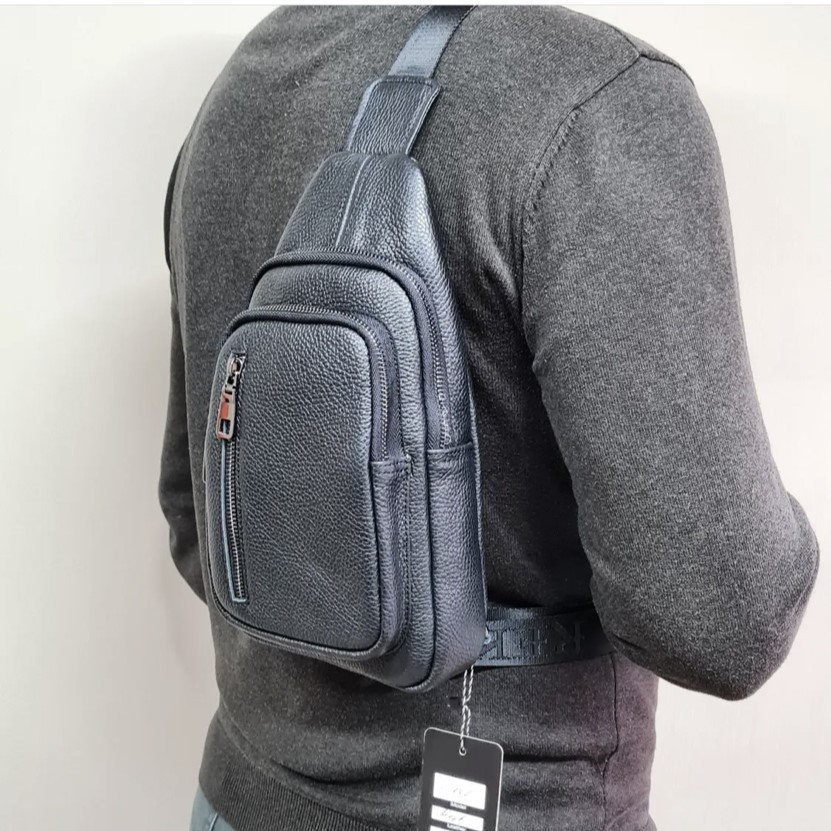 Брендовая мужская нагрудная сумка рюкзак слинг из натуральной кожи молодежная кожаная черная сумочка на плечо Киев - изображение 6