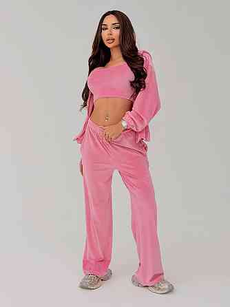 Жіночий стильний повсякденний велюровий костюм-трійка Рожевий, 46/48 Одеса