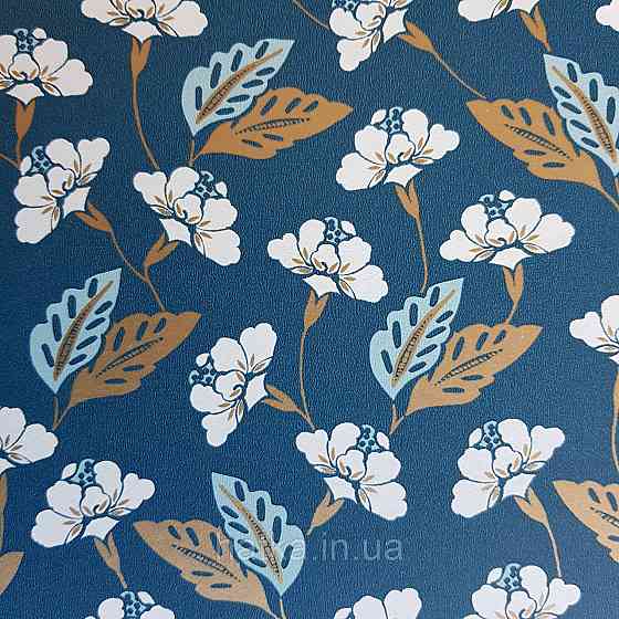 Шпалери вінілові на флізелін Caselio Mystery 0.53х10 м маленькі яскраві квіти листя білі золотисті на синьому Київ