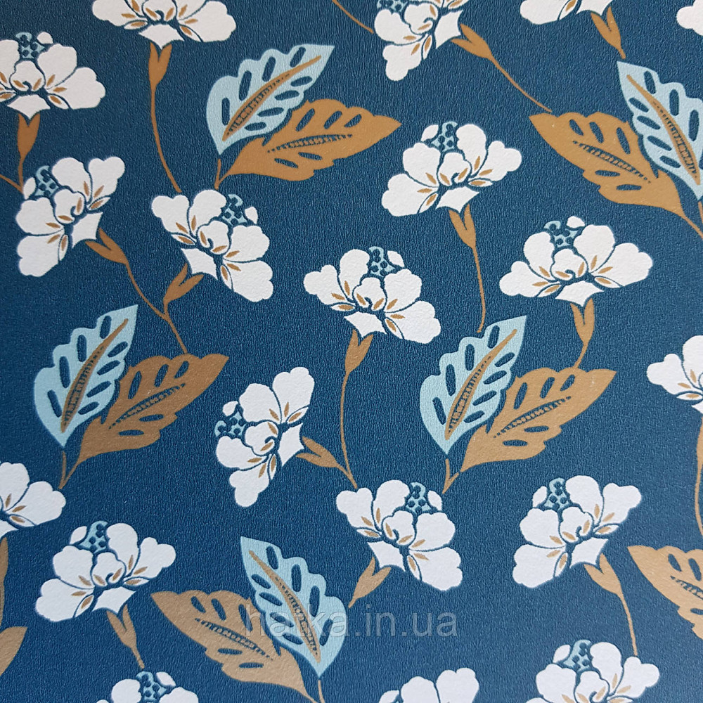 Шпалери вінілові на флізелін Caselio Mystery 0.53х10 м маленькі яскраві квіти листя білі золотисті на синьому Київ - фото 4