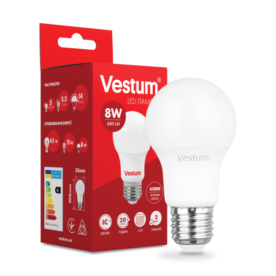 Лампочка светодиодная 220в 8W 4100K A55 Vestum Киев