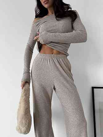 Женский базовый костюм двойка: лонгслив и брюки ангора рубчик Беж, 44/46 Одесса