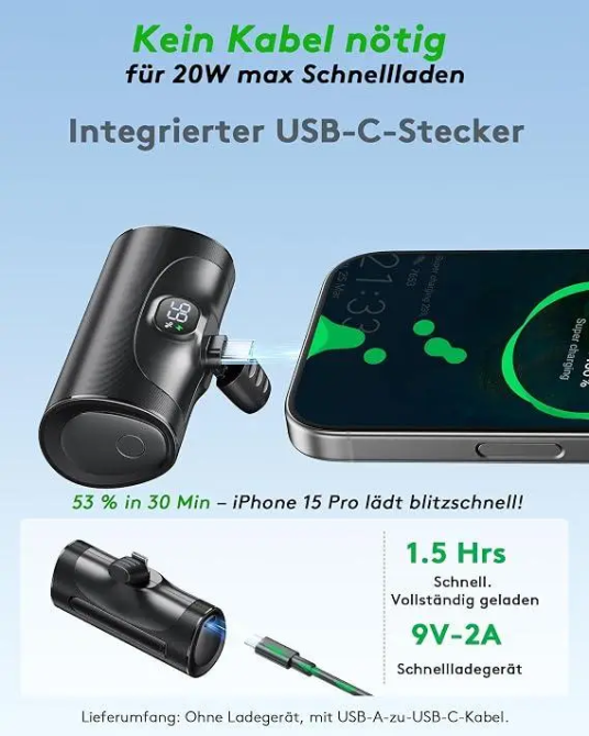 Мініповербанк MN01 5000 мАг USB Type-C з LED-дисплеєм, вбудованим штекером і підставкою для смартфона, чорний Київ - фото 5