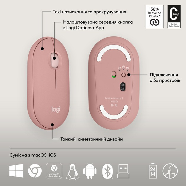 Комплект (клавіатура, миша) бездротовий Logitech Pebble 2 Combo Rose (920-012241) ( Рожевий ) Харьков - изображение 9