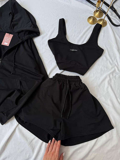 Женский прогулочный костюм тройка: кофта топ и шорты двунитка Черный, 42/44 Одесса - изображение 2