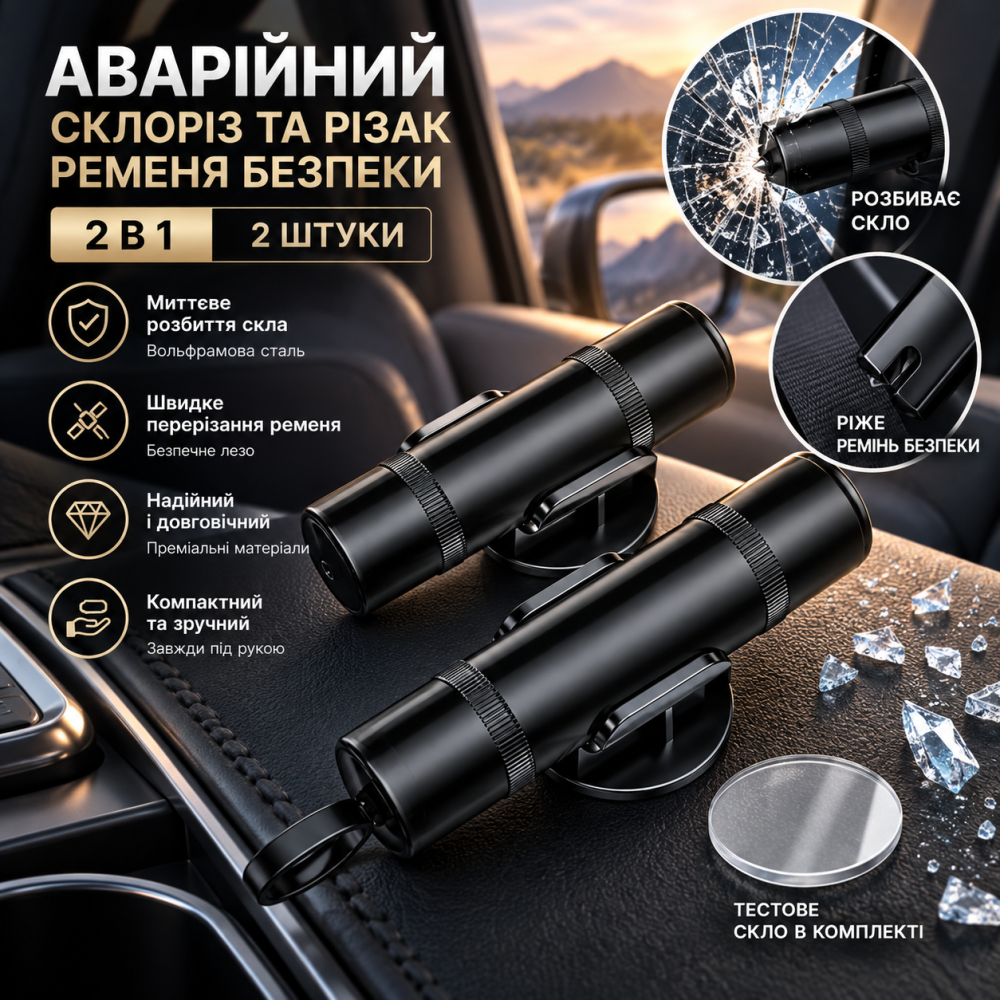 Аварийный автомобильный склорез и резак ремня безопасности 2 в 1, 2 шт., вольфрамовая сталь, тестовое стекло, чёрные Киев - изображение 1