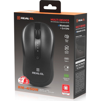 Мишка REAL-EL RM-450W Wireless/Bluetooth Black/Gray (EL123200046) Вінниця - фото 4